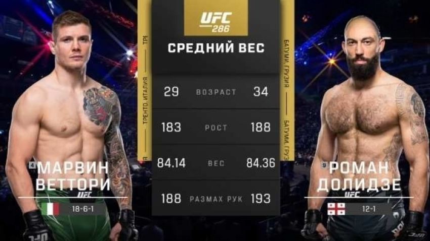 Видео боя Марвин Веттори – Роман Долидзе UFC 286