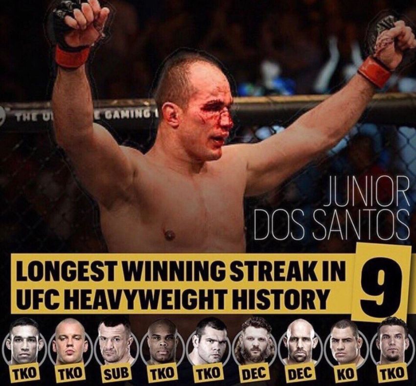 Рекорд UFC по количеству побед подряд в тяжелом весе принадлежит Джуниору Дос Сантосу